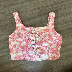 Japna Pink Floral Jacquard Lace Up Corset Crop Top Small